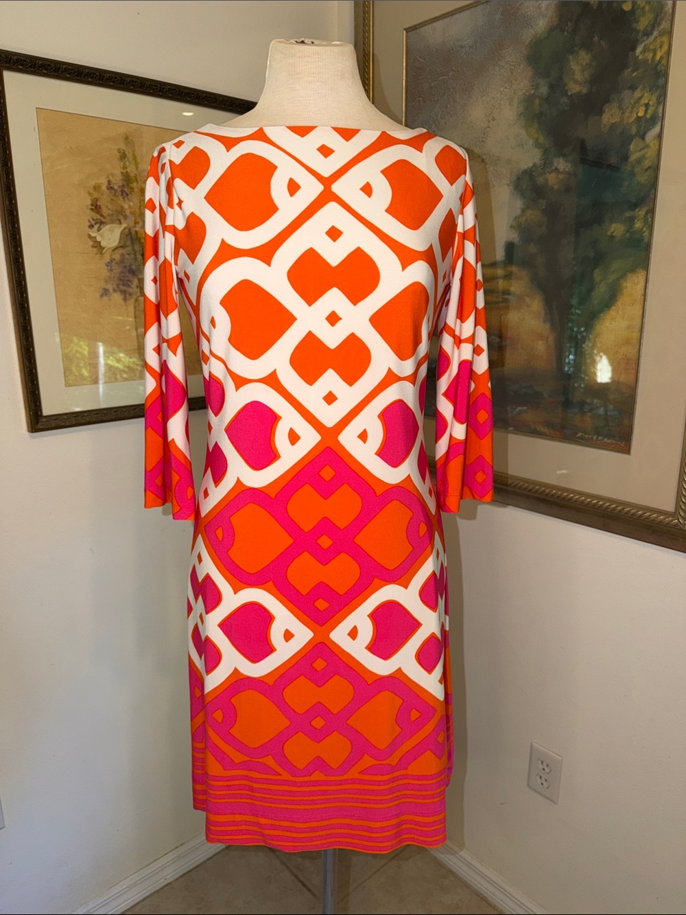 DRESS - Just Taylor Vibrant Orange & Pink Geometric Shift Dress Size 6